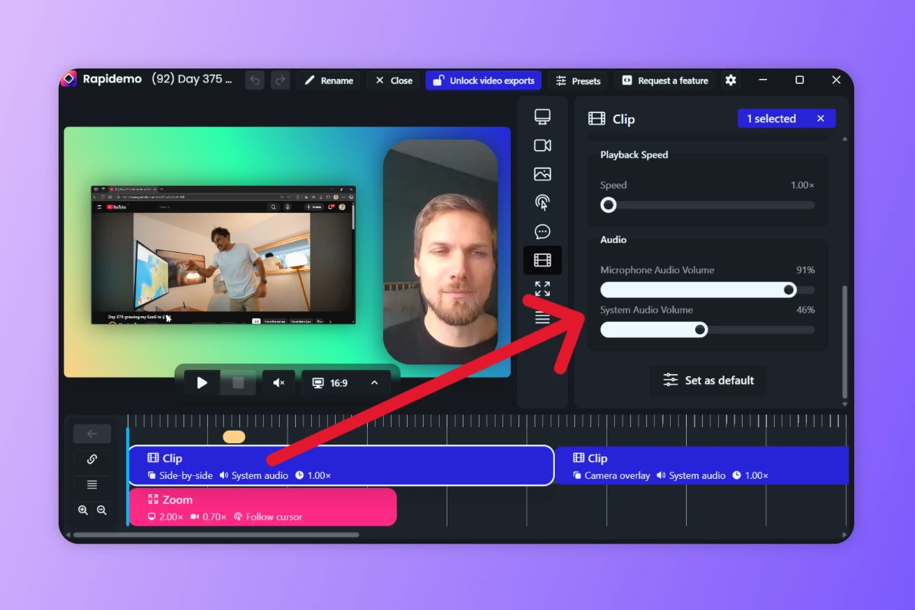 Clip with audio mixing controls