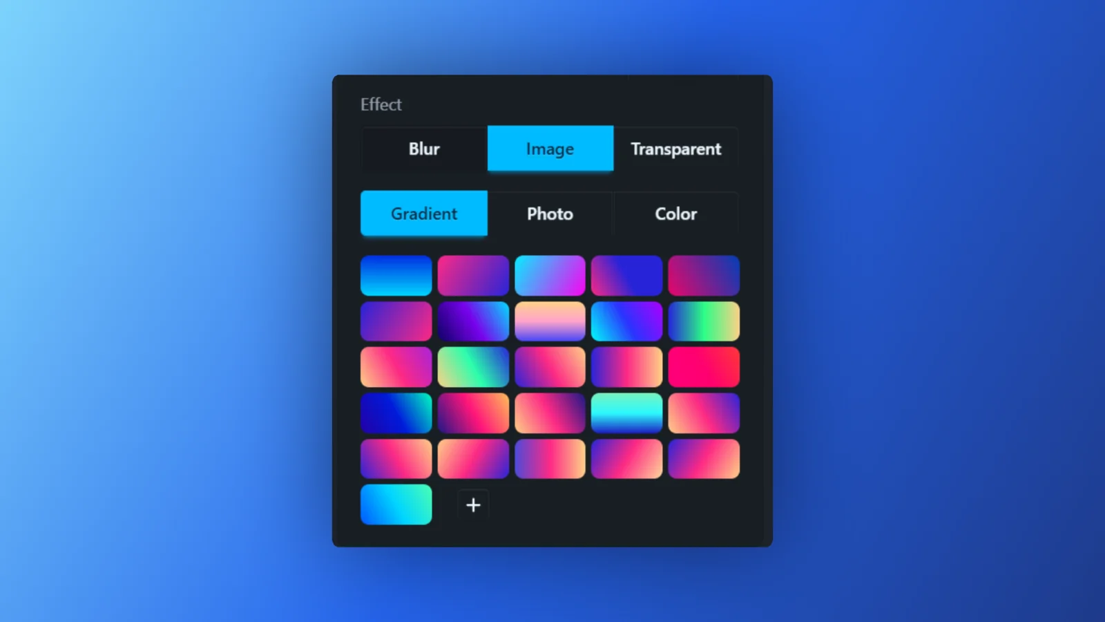 Blur, Image or Transparent, and a gradient, photo or solid color behind you The camera Effect options with Image selected, showing the Gradient, Photo and Color choices above a grid of gradient swatches