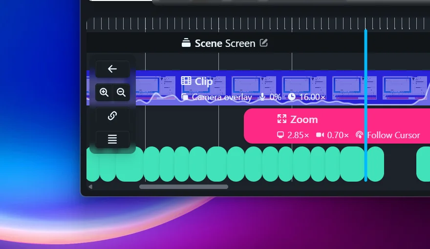 Every Clip now carries its own frames and audio A Clip on the Rapidemo timeline showing a strip of frames from the recording and a microphone waveform along its lower edge