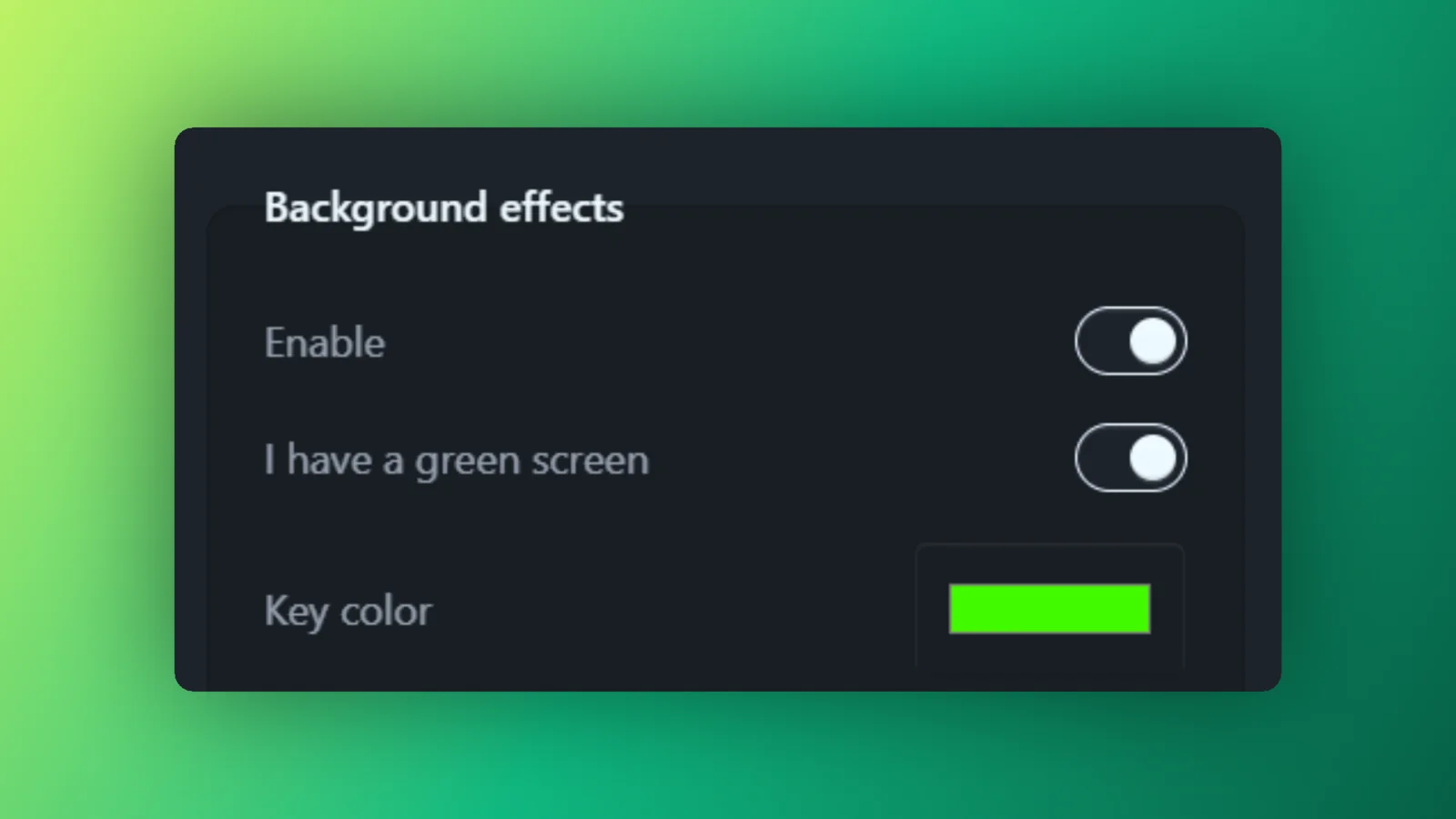 Tick the toggle and Rapidemo finds the key color itself The Background effects panel with Enable and I have a green screen both switched on, and a bright green Key color swatch