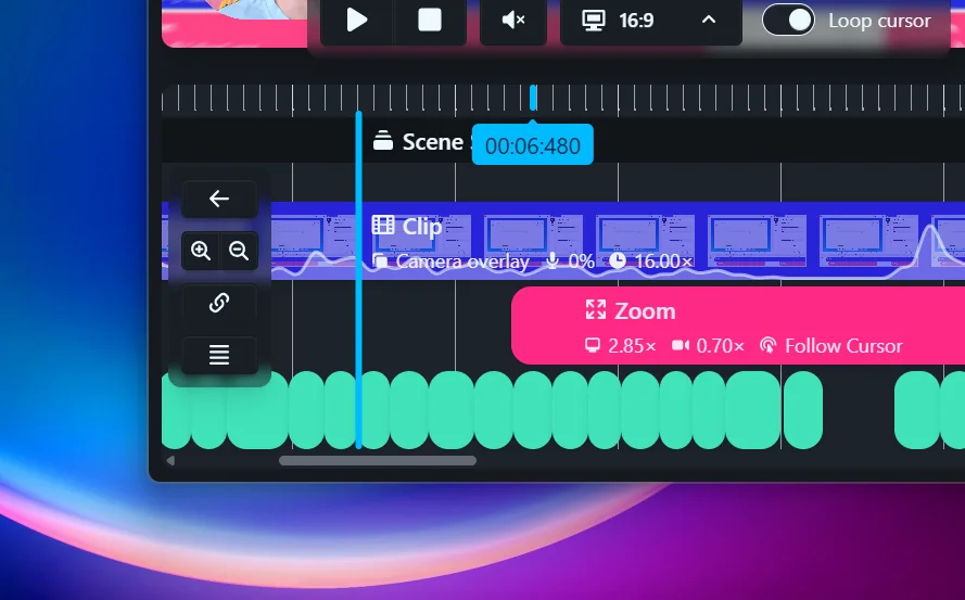 Hovering the ruler previews that moment and leaves the playhead alone The Rapidemo timeline ruler with a hover marker and a tooltip reading 00:06:480, while the playhead stays where it was