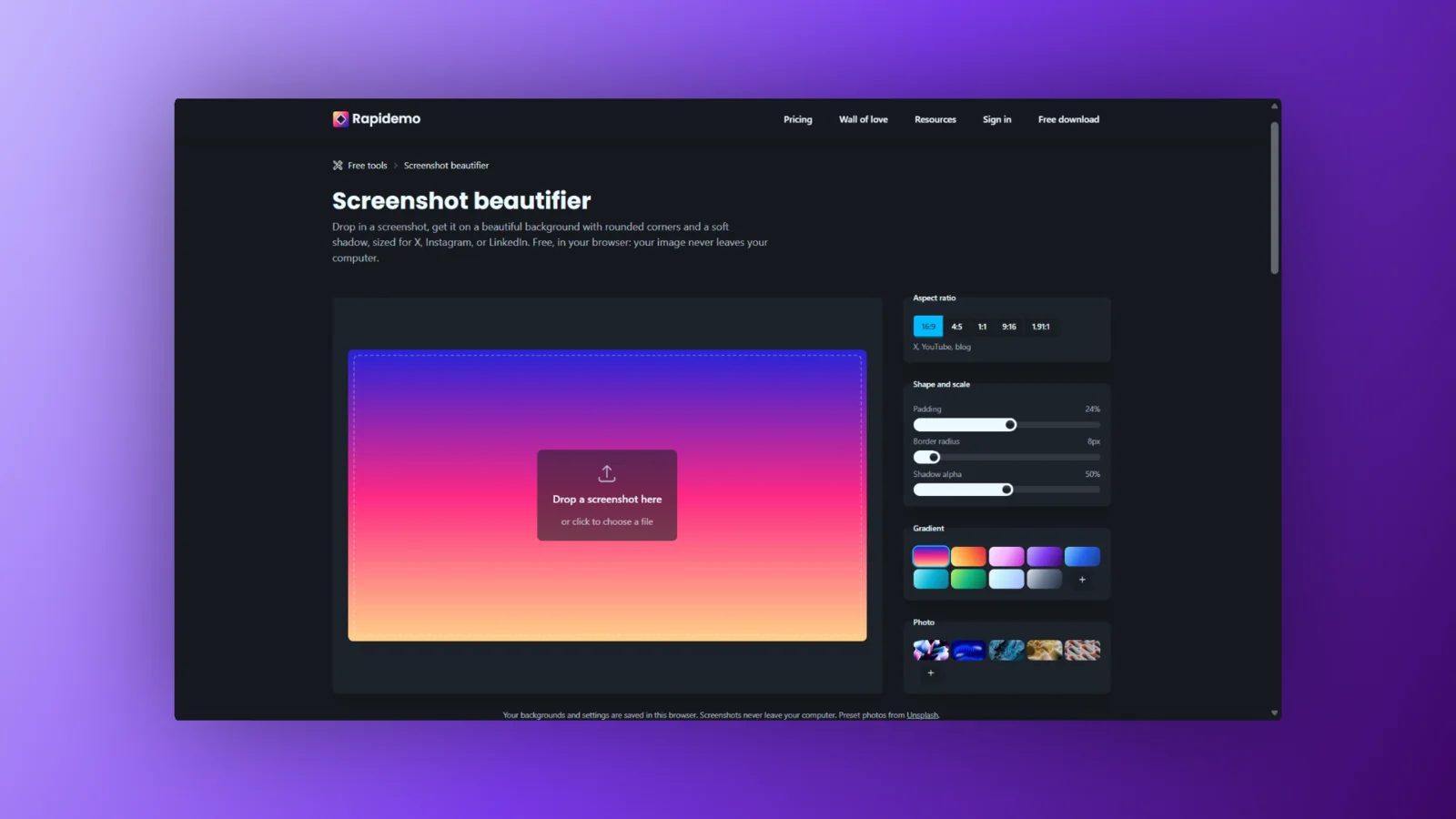 Drop a screenshot in, pick a gradient, download it The screenshot beautifier, with a drop zone on the left and aspect ratio, shape and gradient controls on the right
