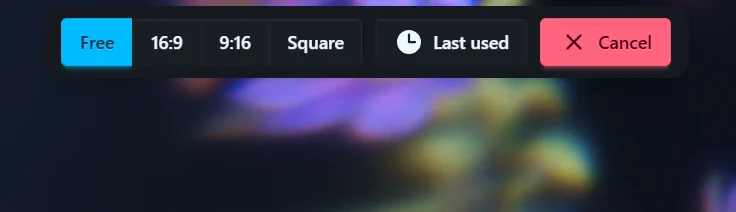 The area picker’s top bar with the Free, 16:9, 9:16 and Square buttons, Last used and Cancel