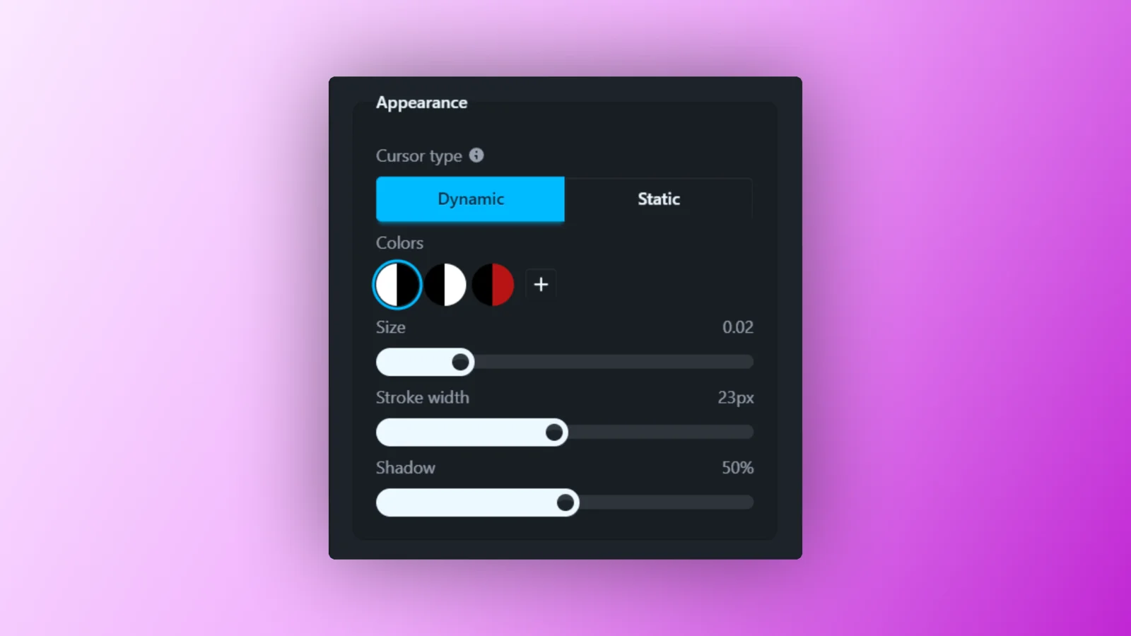 The cursor’s Appearance group with the Colors swatches and + button, and the Size, Stroke width and Shadow sliders