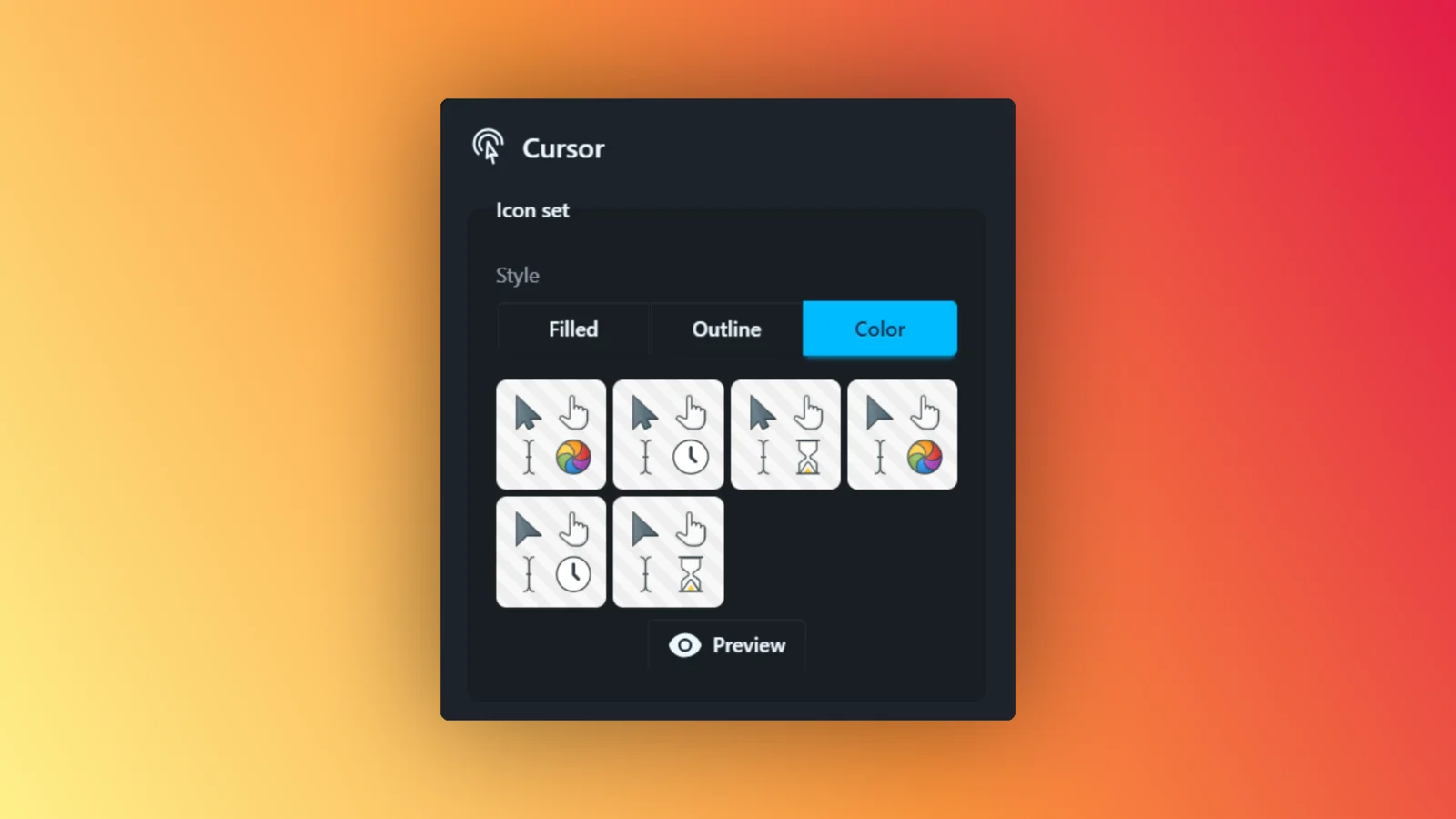 The Cursor properties’ Icon set grid with the Style strip set to Color, showing six icon sets above the Preview button