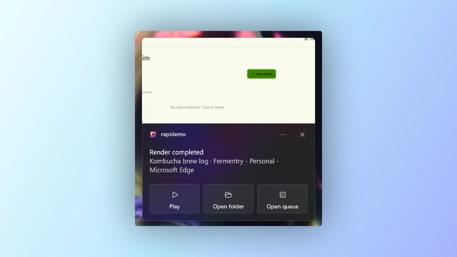 The Windows notification for a completed render with a frame of the video and the Play, Open folder and Open queue buttons