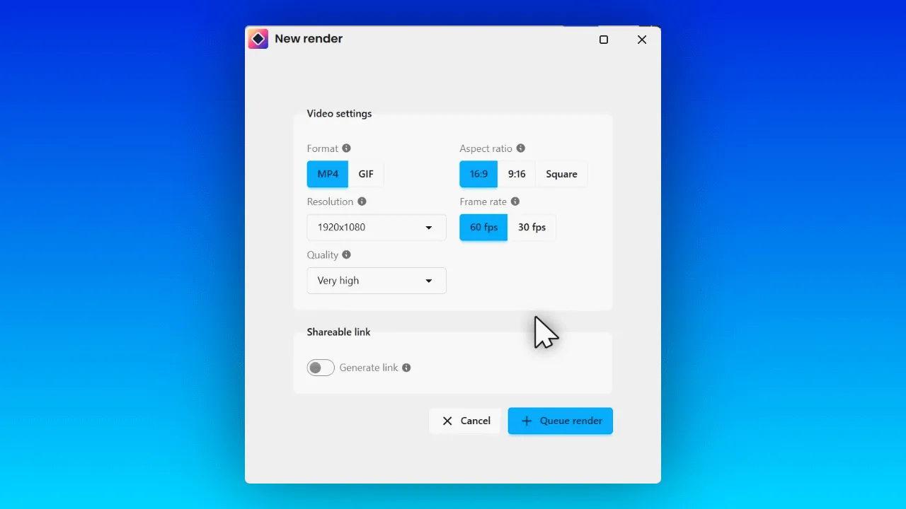 The New render window switching Format from MP4 to GIF, then picking 1280x720 from the Resolution list with 25 fps selected and Quality greyed out