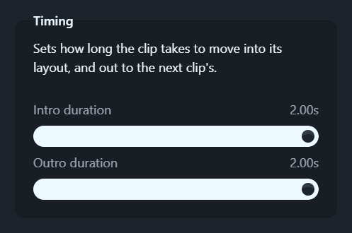 The Intro duration and Outro duration sliders in a Clip’s Timing group