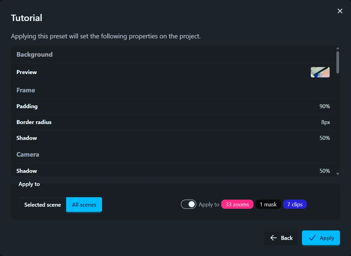 The apply-preset summary with the Selected scene / All scenes choice and the existing-elements toggle