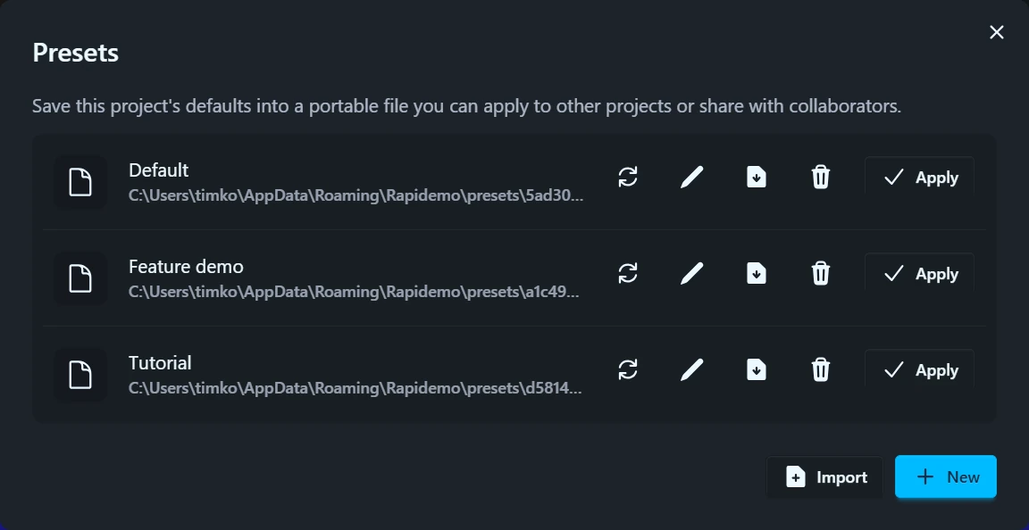 The Presets window listing saved presets with update, rename, export, delete and Apply actions