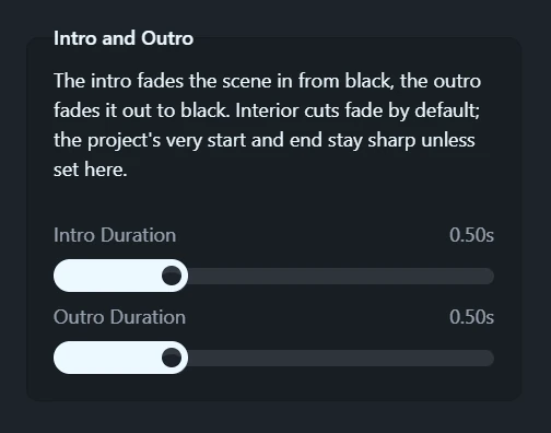 The Intro Duration and Outro Duration sliders in a Scene’s properties