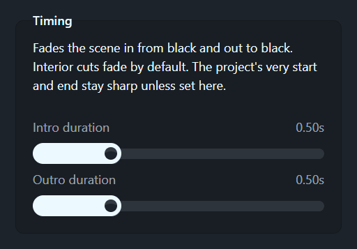 The Intro duration and Outro duration sliders in a Scene’s Timing group
