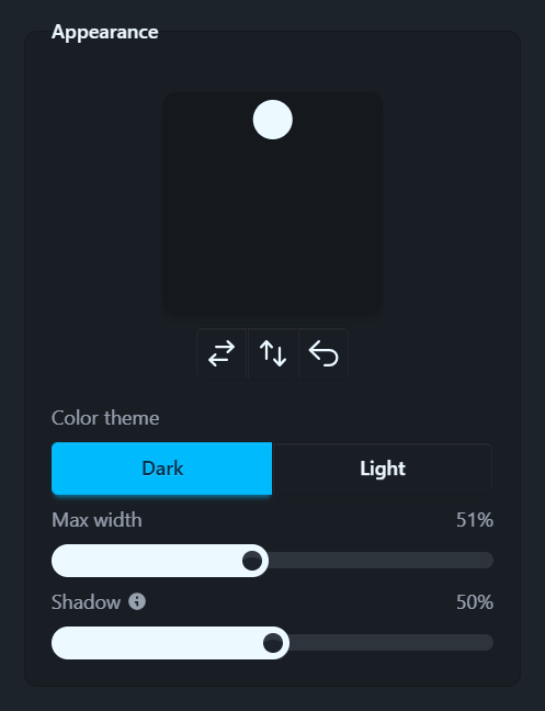 The subtitles’ Appearance group: Position, Color theme, Max width and Shadow