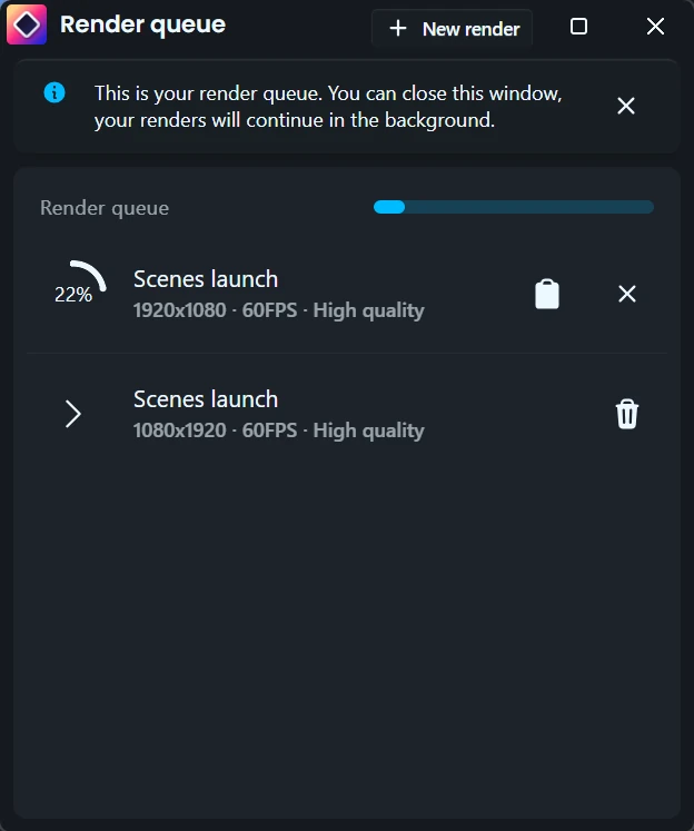 The Rapidemo render queue with one export rendering and another queued