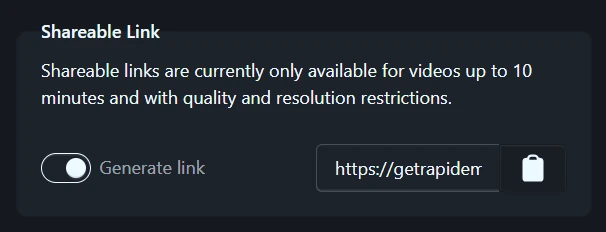 The Shareable Link section of the export settings, with Generate link switched on and the link ready to copy