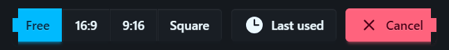 The area picker’s top bar: the aspect ratio buttons, Last used and Cancel