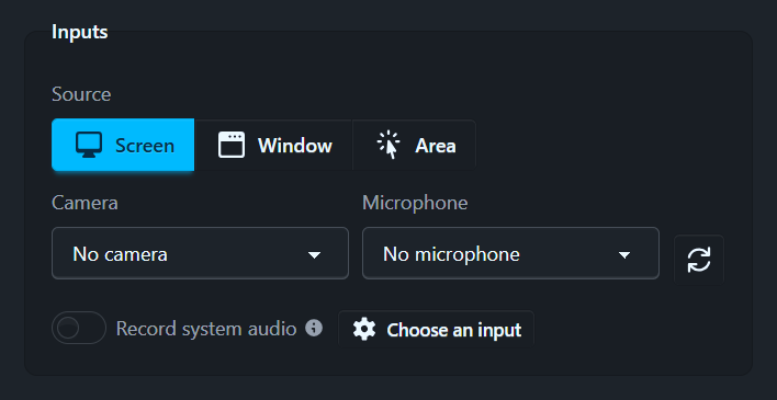 The recorder’s Inputs group, with Record system audio greyed out and a Choose an input button beside it