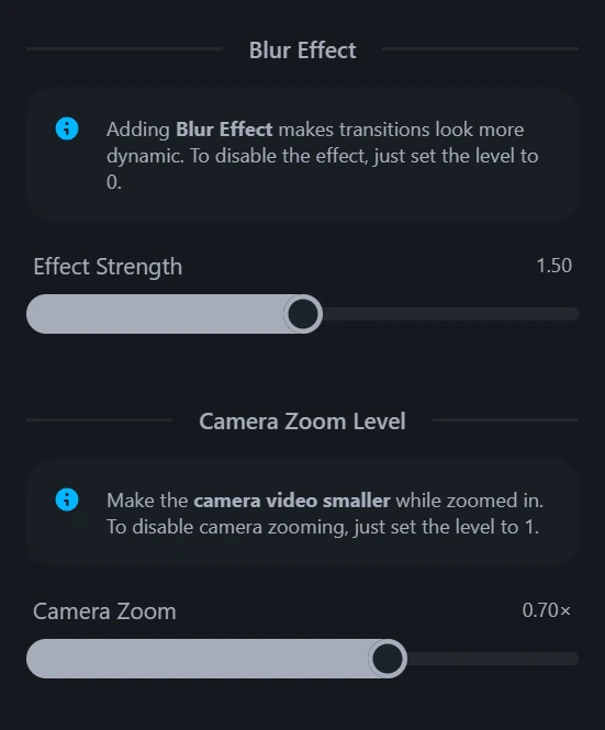 Zoom animation blur effect and camera zoom controls